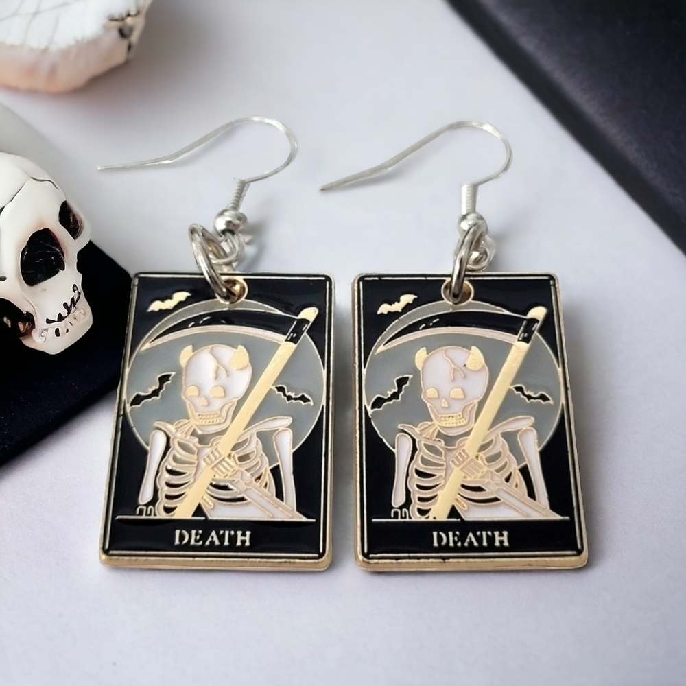 Handcrafted Death Tarot Card Metal Earrings